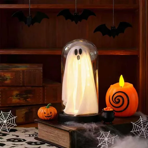 Vista 3 de Decoraciones de Halloween para interiores, fantasma iluminado en cúpula transparente, bonita decoración de fantasma espeluznante para exhibición