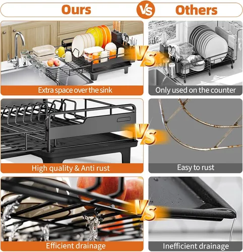 Vista 6 de Urackify - Escurridor de platos extendible, estante de secado de platos grande para encimera de cocina, escurridor de platos a prueba de óxido