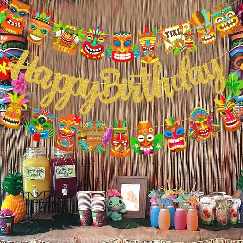 Vista 6 de Hawai Luau - Pancarta hawaiana de Tiki para fiesta de cumpleaños, 3 unidades, decoración de fiesta de Aloha para colgar, guirnaldas de Tiki