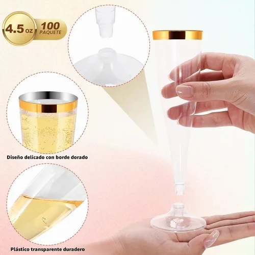Vista 3 de Paquete de 100 copas de champán de plástico desechables, copas de champán de plástico con borde dorado, flauta de champán desechable transparente