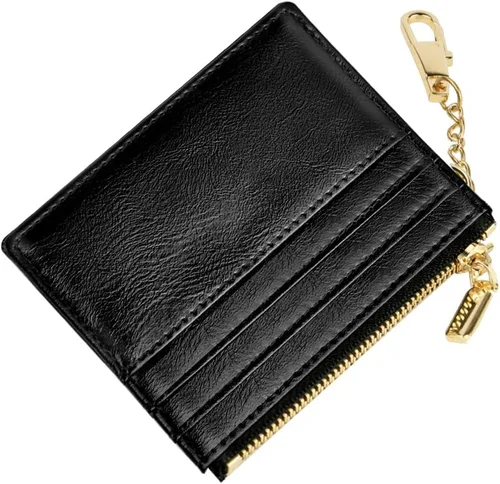 Vista 37 de URAQT Cartera para tarjetas de crédito, cartera minimalista de cuero delgado con cremallera, mini protector de tarjeta de crédito, llavero bolsillo