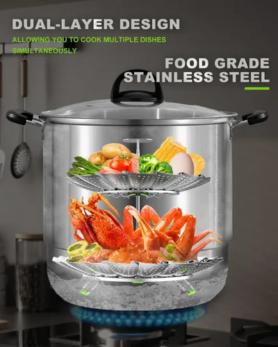 Vista 3 de Cesta vaporera de verduras de 2 capas para olla, canasta de vapor de acero inoxidable de alta calidad, canasta separable de acero inoxidable