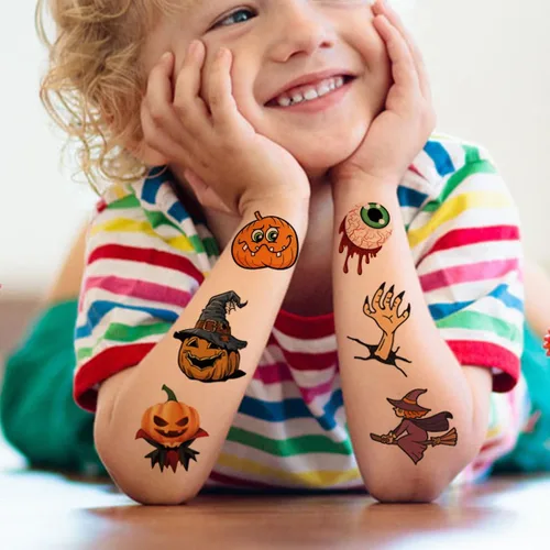 Vista 5 de CHARLENT 148 hojas de tatuajes temporales de Halloween para niños, tatuajes individuales de esqueletos de calabaza de Halloween para niños y niñas