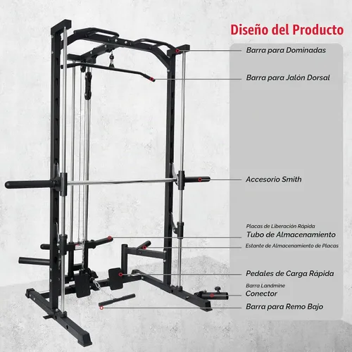Vista 4 de RitFit Smith - Estante de potencia para máquina con sistema LAT-Pull Down, minas terrestres, barra de barra, clavijas de almacenamiento de placas