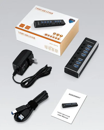 Vista 9 de Hub USB 3.0 alimentado Rosonway de aluminio con 7 puertos USB 3.0 Divisor de datos con adaptador de alimentación de 24W (12V/2A) y interruptores