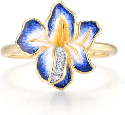 Vista 2 de Santuzza Anillo de diamante genuino de flor esmaltada de oro sólido amarillo de 10 quilates para mujer