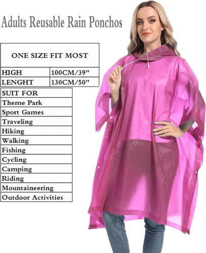 Vista 65 de Ponchos de lluvia reutilizables con capucha con cordón para adultos, abrigo de lluvia grueso impermeable, 2 paquetes