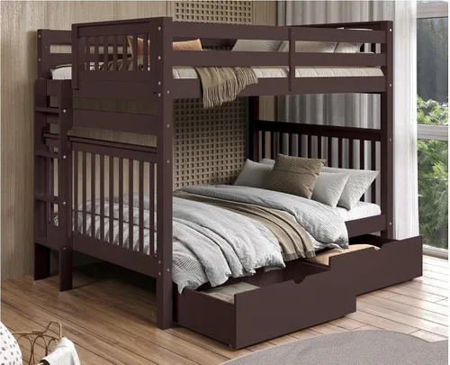 Vista 9 de Bedz King Literas de estilo misión matrimonial sobre completo con escalera de extremo y 2 cajones debajo de la cama, color cereza oscuro