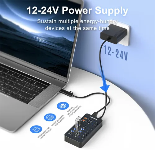 Vista 4 de Hub USB alimentado, divisor de concentrador de datos USB de 14 puertos con 6 puertos USB 3.0, 4 puertos de carga, 1 puerto de datos USB-C 3.0, 1
