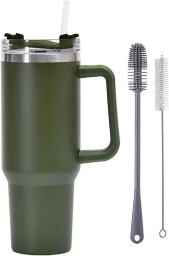 Vista 10 de Botella de agua aislada de acero inoxidable de 40 onzas con tapa con pajilla, vaso aislado al vacío de acero inoxidable con asa, vasos aislados Negro