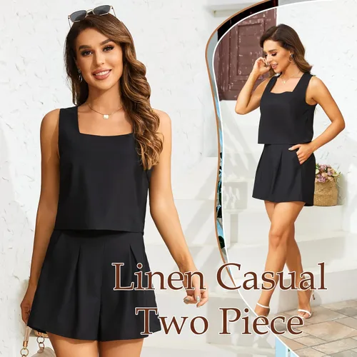 Vista 3 de Slimers Conjunto de 2 piezas para mujer, ropa de descanso de dos piezas, pantalones cortos de lino, ropa de moda 2023, conjunto de vacaciones