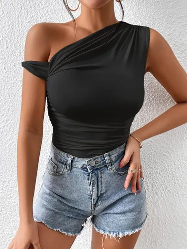 Vista 4 de Hilinker Body sexy de un hombro para mujer, sin mangas, fruncido