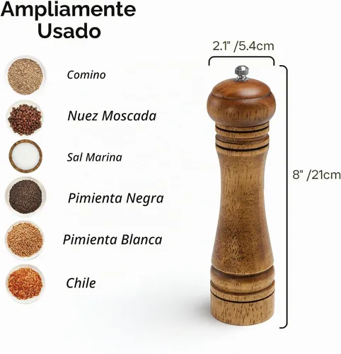 Vista 4 de Molinillo de sal y pimienta de madera, molinillo de sal y pimienta, cocteleras de madera de roble con molinillos de cerámica ajustables, 8 pulgadas
