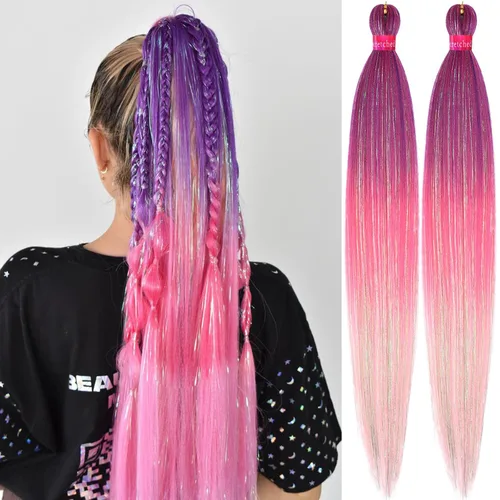 Vista 49 de Cabello trenzado verde con lentejuelas de 26 pulgadas, preestirado, trenzas de textura Yaki, extensiones de cabello pre plumadas, 3 paquetes, fácil