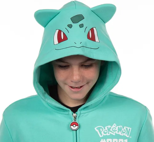 Vista 2 de Mad Engine Sudadera con capucha Pokémon para niños Gen 01 con cierre y disfraz 3D de personaje Bulbasaur