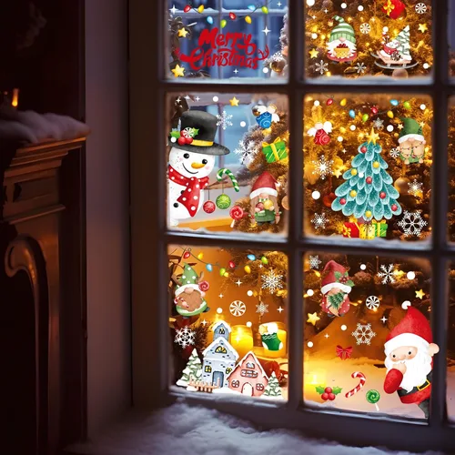 Vista 6 de AOWDIAO Decoraciones de Navidad, 210 unidades de adhesivos de ventana de Navidad para vidrio de doble cara, reutilizables, lindas calcomanías