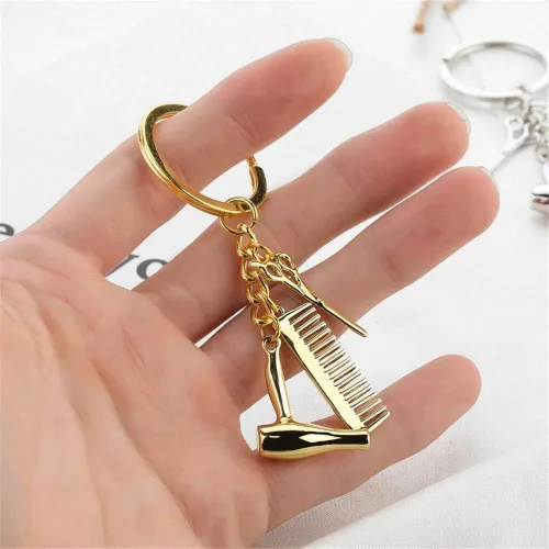 Vista 4 de Wixine 2 unids peluquero secador de pelo tijera peine llavero creativo llavero joyería regalos, Blanco,Oro