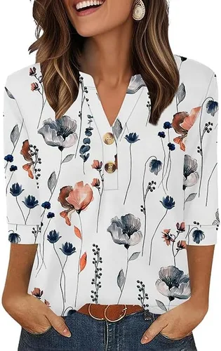 Vista 27 de OFEEFAN - Camisetas de manga 3/4 estilo Henley para mujer, blusas de moda de otoño 2025, atuendos escolares para maestras Raya