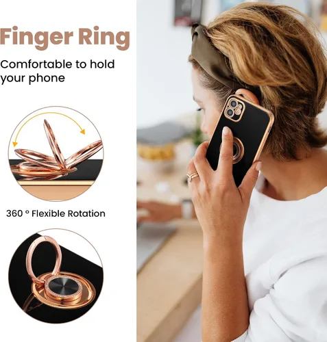 Vista 2 de ZCDAYE Funda para iPhone 12, iPhone 12 con soporte de anillo magnético, borde dorado galvanizado suave TPU a prueba de golpes para iPhone 12 - Negro