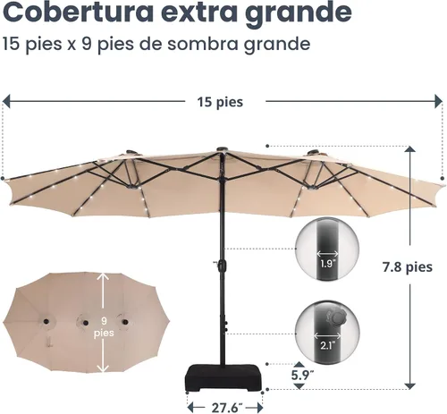 Vista 7 de PHI VILLA Sombrilla de patio grande de 15 pies con base y luces solares, paraguas rectangular de doble cara para exteriores con 36 luces LED, Beige