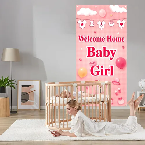 Vista 4 de Labakita Cartel de bienvenida para puerta de bebé niña, cartel con texto en inglés "It's a Girl Welcome Baby Girl", decoración de baby shower