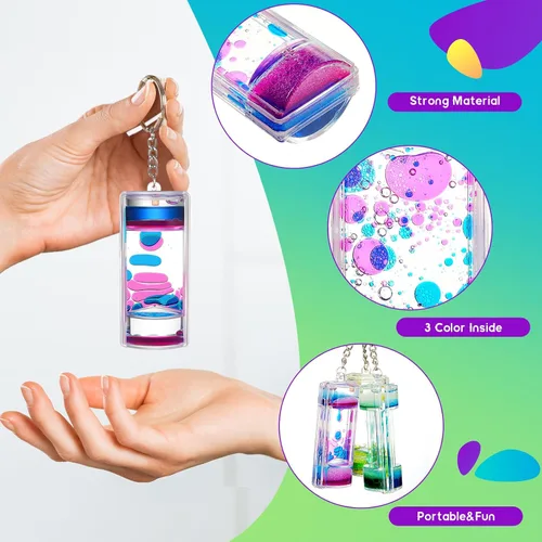 Vista 3 de Equsion 6 llaveros líquidos con burbujas de movimiento, juguetes sensoriales con temporizadores líquidos, regalos para estudiantes de fin de año