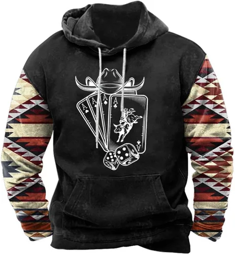 Vista 18 de HOTYD Western Cowboy Hooded Sweatshirt Vintage Aztec Pullover Men Casual Long Sleeve Drawstring Hoodies with Pocket