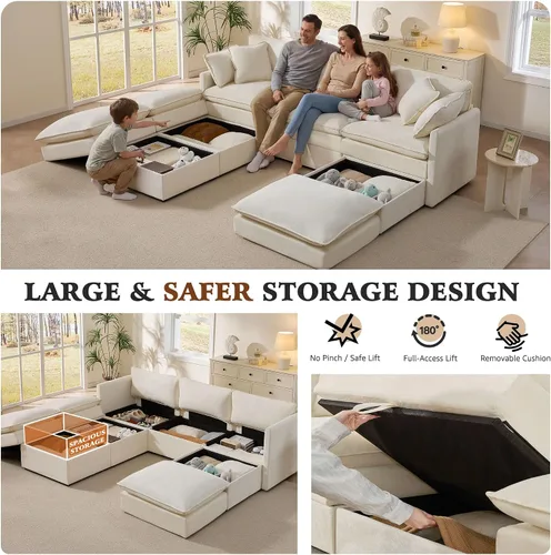 Vista 4 de Ihanherry Sofá cama modular de gran tamaño con almacenamiento, sofá nube modular de 6 plazas de 103 pulgadas con otomanas móviles, sofás de felpilla