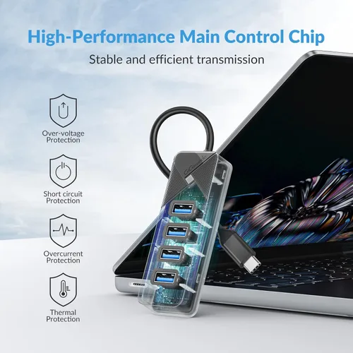 Vista 8 de GiGimundo Hub USB C de 4 puertos para laptop, adaptador multipuerto USB C a USB Hub transferencia de 5 Gbps, divisor USB C para laptop, MacBook Negro