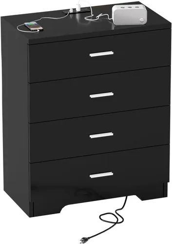 Vista 10 de GEPELCN Cómoda para dormitorio con tomas de corriente, cómoda de madera con 5 cajones con gran espacio de almacenamiento, cómoda negra con riel