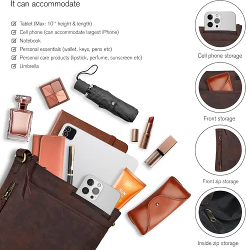 Vista 4 de Bolsos cruzados de cuero para mujer, bolsos de mano de moda para mujer, bolsos cruzados de tamaño mediano para mujer, regalo para ella, Marrón