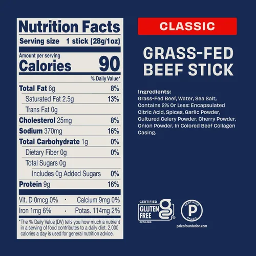 Vista 2 de Archer Classic Beef Sticks – Palitos de carne alimentada con pasto envueltos individualmente, paquetes de bocadillos de cecina a granel, sin gluten