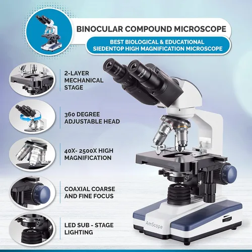 Vista 2 de AmScope 40X-2500X Microscopio Binocular Compuesto LED etapa mecánica de doble capa + libro (idioma español no garantizado) + 100 cubreobjetos y 50