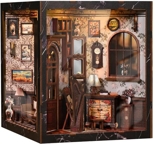 Vista 18 de Kit de rincón de libros para bricolaje con luz LED, casa de muñecas en miniatura, rompecabezas de madera 3D, decoración de estantería, regalo