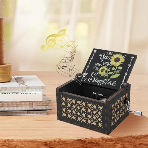 Vista 7 de Huntmic You are My Sunshine - Cajas de música de girasoles, manivela de madera grabada, caja musical antigua de regalo para niños, amigos, amantes