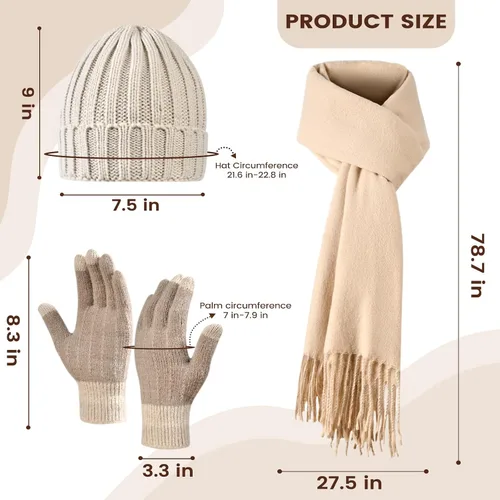 Vista 6 de Conjunto de gorro de invierno para mujer + bufanda larga + guantes para pantalla táctil, conjunto de ropa cálida con forro polar de punto