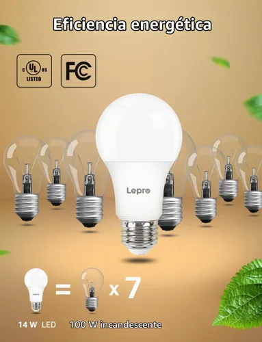 Vista 5 de Lepro Bombillas LED regulables equivalentes a 100 W, 14 W, 1500 lúmenes, blanco cálido suave 2700 K, base media estándar A19 E26, certificación UL