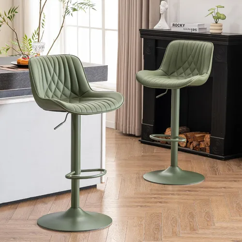 Vista 13 de YOUTASTE Juego de 2 taburetes de bar de piel sintética, todos los taburetes de bar tapizados de color verde oscuro con respaldo, silla giratoria