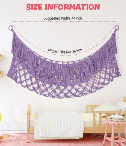 Vista 4 de Hamaca extra grande de red para animales de peluche – [56 pulgadas de largo/macramé tejido a mano/lavanda] Hamaca de almacenamiento para pared