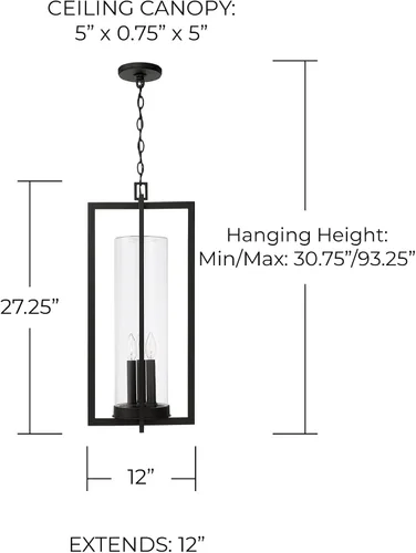 Vista 2 de Capital Lighting 948232BK Kent - Linterna colgante moderna de línea vertical con cilindro de vidrio transparente para exteriores, 3 luces, 180