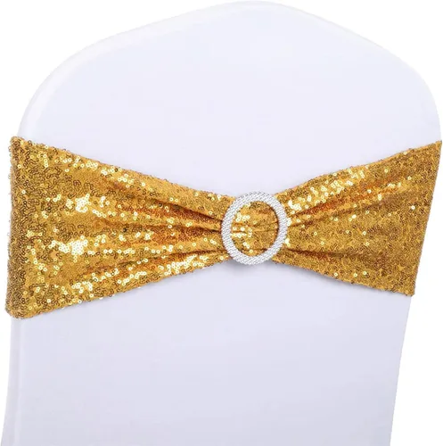 Vista 11 de Paquete de 50 bandas de lentejuelas color azul polvoriento para sillas de boda, lazos para fiestas, banquetes de cumpleaños, aniversario, eventos al