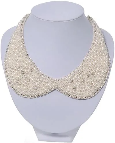 Vista 7 de Avalaya Collar de Peter Pan de fieltro de cristal de imitación de perlas blancas en chapado en plata, 11.0 in de longitud2.8 in de extensión