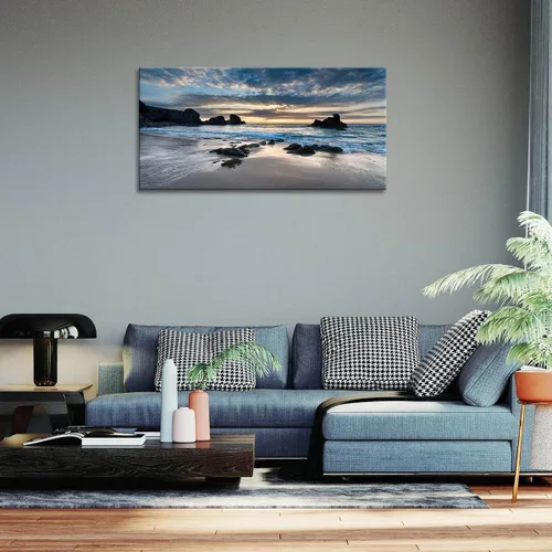 Vista 5 de Decoración de pared para sala de estar, lienzo impreso en lienzo con diseño de amanecer por la mañana en la playa, cuadro de paisaje azul