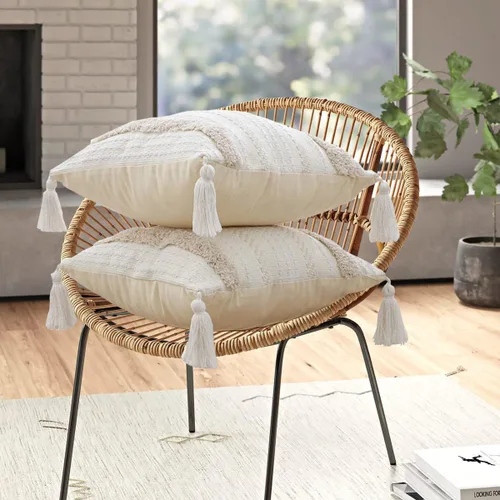 Vista 5 de Fundas de almohada decorativas bohemias, de algodón, tejidas a mano, con borlas, acento neutro para dormitorio, decoración de granja, sofá