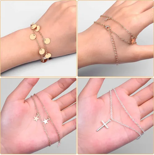 Vista 7 de Thrilez - Juego de 24 collares escalonados para mujeres adolescentes y niñas colores dorado y plateado simple y moderno joyería para usar