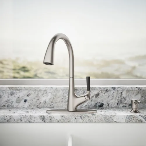 Vista 5 de Kohler K-R562-SD-VS Llave para cocina, funciona hacia abajo. Viene con despachador de jabón o loción. Hecha de inoxidable brilloso