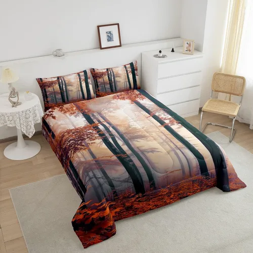 Vista 2 de Erosebridal Juego de ropa de cama con inserto de edredón de árbol brumoso para temporada de otoño, juego de edredón místico con niebla y naturaleza