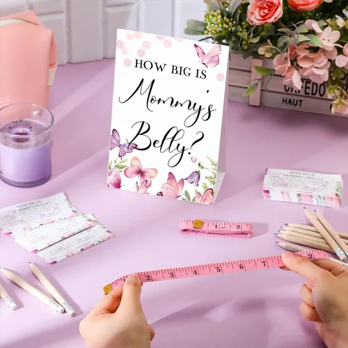 Vista 54 de Sabary 64 Piezas Juegos de Baby Shower Incluyen Letrero How Big is Mommy's Belly Sign Measure Bump Game 50 Tarjetas 10 Lápices 3 Cintas Métricas