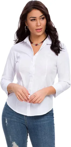 Vista 5 de Camisas con botones para mujer, oficial, formal, manga 34, color blanco, elástica, camisa de vestir de verano