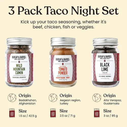 Vista 3 de Burlap & Barrel Juego de especias de origen único para tacos – Comino de montaña salvaje, tomate secado al sol, lima negra molida – como se ve